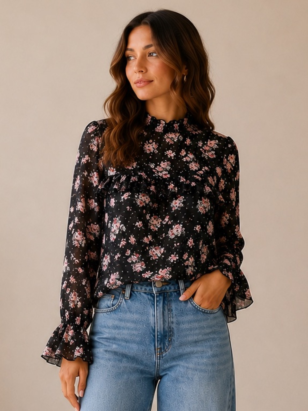 Forever 21 Black Floral Ruffle Mock-Neck Blouse